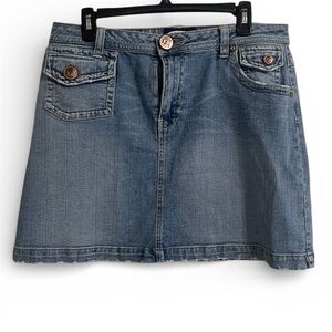 Vintage L.A. Blues Y2K Denim Mini Skirt Size 12 Classic Blue Distressed Hem